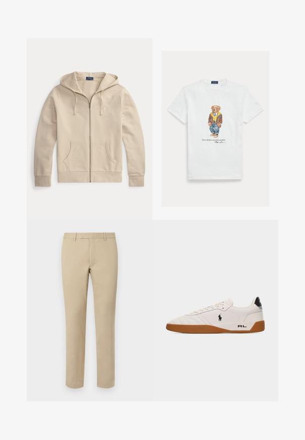 Sudadera beige con cremallera, bolsillos delanteros y capucha con cordón, con etiqueta de Polo Ralph Lauren y logo bordado en el pecho.; Camiseta blanca de algodón con una imagen gráfica de un oso de dibujos animados vestido. Detalles destacables incluyen una chaqueta marrón, una sudadera con capucha amarilla y vaqueros azules.; Pantalones de algodón beige con corte recto, que cuentan con presillas para cinturón, frente plano y dobladillos ajustados. Textura suave y detalles mínimos.; Zapatilla blanca de estilo bajo con suela de goma marrón, logo negro de Polo Ralph Lauren en el lateral y texto "RL" en la parte del talón.