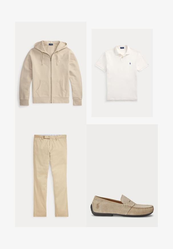 Beige hoodie met rits, voorzakken en trekkoord in de capuchon, met Polo Ralph Lauren-label en geborduurd logo op de borst.; Witte polo met korte mouwen, kraag en twee knopen, met een klein donkerblauw Ralph Lauren-logo op de linkerborst.; Beige broek met rechte pijpen, ceintuurlussen en een voorrits, plat gelegd tegen een witte achtergrond.; Beige suède instappers met een gestikt detail, platte rubberen zool en een klein logo aan de zijkant. Klassiek instapontwerp, zachte textuur.