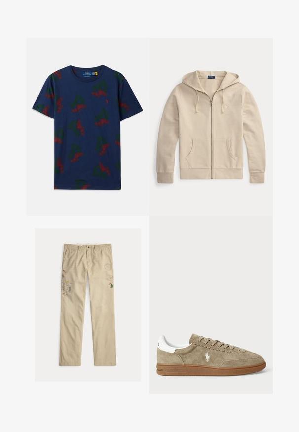 Béžová mikina na zips s prednými vreckami a kapucňou so sťahovacou šnúrkou, so štítkom Polo Ralph Lauren a vyšívaným logom na hrudi.; Námornícka modrá bavlnená tričko s opakovanými zelenými grafikami "P" a červenými krídlovými topánkami, dizajn s okrúhlym výstrihom, voľný strih a krátke rukávy.; Béžové bavlnené nohavice s vyšívanými motívmi, vrátane stromov a hôr, so zapínaním na gombíky a pútkami na opasok.; Semišové tenisky v béžovej farbe s bielymi detailmi, s okrúhlou špičkou a viazaním. Obsahujú embosované logo a gumovú podrážku pre lepšiu trakciu.
