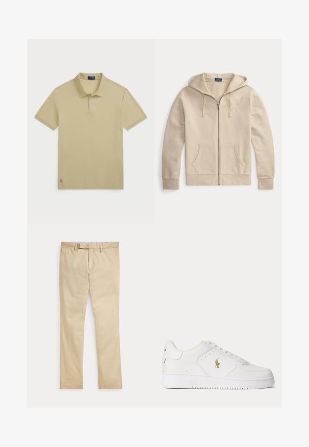 Beezipiga kapuutsiga pusa ees taskute ja nööriga kapuuts, mis kannab Polo Ralph Laureni sildiga rinnal tikitud logo.; Beež polo särk, lühikesed varrukad, puuvillane kangas, kolmesuunaline nööbistamine, ribatud krae, tikandiga logo vasakus alumises nurgas.; Beeži sirgete säärega püksid vööaasade ja ees oleva tõmblukuga, laotatud tasaselt valgele taustale.; Valged madala säärega nahast tossud valgete nööpide ja külgedel kuldse Polo Ralph Laureni logoga ning "Polo" tallale reljeefselt pressitud.