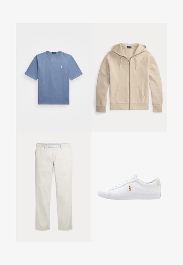 Beige lynlåstrøje med frontlommer og snøre i hætten, med Polo Ralph Lauren-mærke og broderet logo på brystet.; Blå bomulds T-shirt med korte ærmer, rund hals og et hvidt broderet logo på venstre bryst. Glat tekstur, afslappet design.; Kremfarvede bukser med lige ben, bæltestropper og skjult inderstik foran på en ensfarvet baggrund.; Hvide kanvas sneakers med lågtop design, prydet med en beige hælkappe og et lille broderet logo på siden. Gummisål.