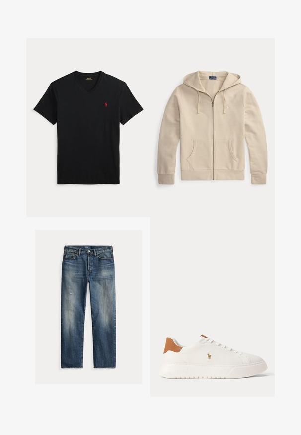 Beige lynlåstrøje med frontlommer og snøre i hætten, med Polo Ralph Lauren-mærke og broderet logo på brystet.; Sort V-hals T-shirt med korte ærmer og et lille rødt Polo Ralph Lauren-logo på venstre bryst.; Blå denimjeans med afslappet pasform, falmet finish, synlige slidtegn, lige silhuet og traditionel knaplukning.; Hvid lavtop sneaker med tan hælfane, hvide snørebånd og lille broderet polo-spiller logo på siden over en tyk sål.