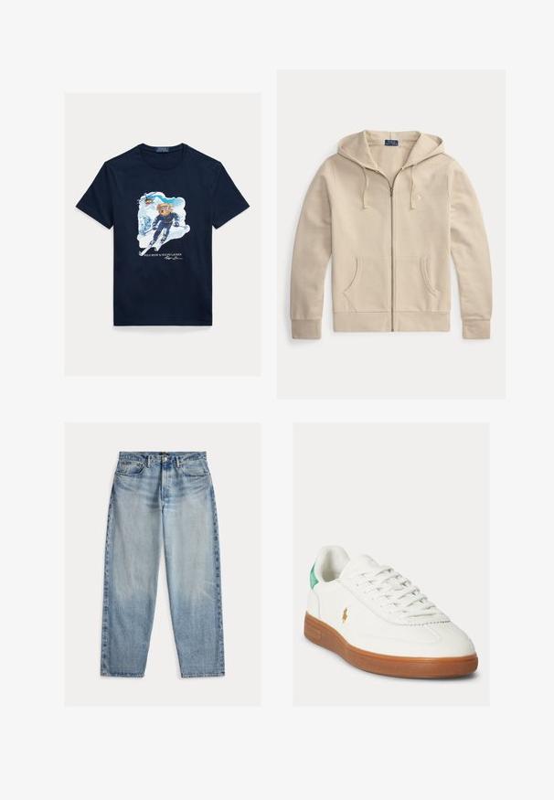 Sudadera beige con cremallera, bolsillos delanteros y capucha con cordón, con etiqueta de Polo Ralph Lauren y logo bordado en el pecho.; Camiseta de algodón azul marino con un gráfico de un oso esquiando, con gafas de protección, un helicóptero arriba y montañas nevadas al fondo.; Vaqueros de mezclilla azul claro con un corte holgado. Presentan una cintura alta, cinco bolsillos y costuras visibles. La superficie es ligeramente texturizada.; Zapatilla blanca con cordones, suela de goma marrón, lengüeta verde en el talón y pequeño logo dorado de jugador de polo en el lado exterior.