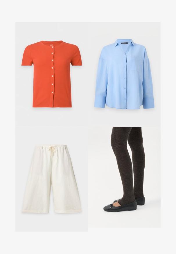 Chemise orange côtelée à manches courtes, col rond et sept boutons blancs en plein centre devant.; Chemise bleu clair à manches longues, boutonnée, avec col et poche poitrine, présentée sur un fond clair uni.; Shorts amples, écrus, longueur genou, avec taille élastique et cordon, présentés sur un fond uni clair.; Jambes portant des leggings côtelés foncés associés à des ballerines noires avec de petits détails en nœud sur fond blanc.