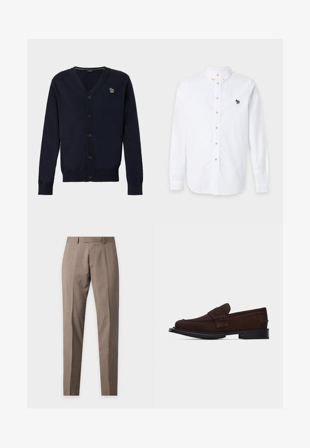 Cardigan bleu marine boutonné, à manches longues, avec un petit logo zèbre multicolore brodé sur la poitrine gauche.; Chemise blanche à manches longues pour homme avec boutons beiges et un petit zèbre multicolore brodé sur la poitrine gauche.; Pantalon beige coupe slim avec passants de ceinture et pli frontal, présenté à plat sur un fond uni.; Mocassin à enfiler en cuir marron avec détails surpiqués et semelle noire, présenté de profil sur un fond blanc uni.
