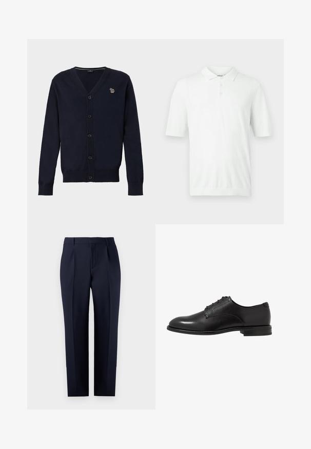 Marineblauw gebreid vest met knopen, lange mouwen en een klein geborduurd meerkleurig zebralogo op de linkerborst.; Witte korte mouw polo met kraag, drie knopen en een subtiel gestructureerd gebreid patroon op de voorkanten.; Marineblauwe tailored broek gemaakt van gestructureerde stof, met een rechte pasvorm, voorplooien en een klassieke tailleband met riemlussen.; Zwarte leren dresschoen met een gladde afwerking, ronde neus, zes oogjes en een lage gestapelde hak. Eenvoudig, klassiek ontwerp.