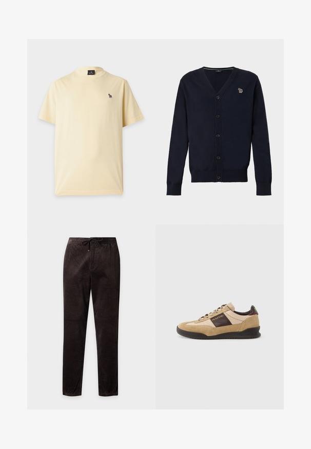 Cardigan bleu marine boutonné, à manches longues, avec un petit logo zèbre multicolore brodé sur la poitrine gauche.; T-shirt jaune clair à manches courtes avec un petit logo zèbre multicolore sur la poitrine gauche et une étiquette noire à l’intérieur du col.; Pantalon en velours côtelé brun foncé avec taille élastique et cordon, coupe droite, présenté à plat sur fond blanc.; Baskets en suède beige avec un panneau texturé marron, un talon marron contrastant et des lacets multicolores. Caractérisées par une semelle en caoutchouc noire et un logo doré.