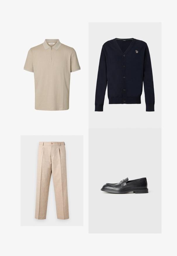 Cardigan bleu marine boutonné, à manches longues, avec un petit logo zèbre multicolore brodé sur la poitrine gauche.; Polo beige à manches courtes avec une texture côtelée verticale et une courte fermeture éclair devant sous le col.; Pantalon beige à jambes droites avec plis, fermeture par bouton, passants pour ceinture et coupe ajustée.; Mocassins en cuir noir avec une finition texturée, dotés d'une bride décorative à l'avant et d'un bout arrondi. Semelle en caoutchouc pour plus de durabilité.