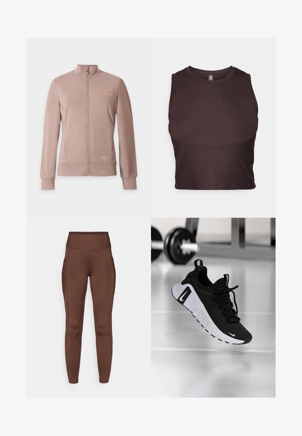 Veste beige zippée avec col montant, manches longues, deux poches avant et logos dorés EA7 Emporio Armani sur la poitrine et la hanche.; Crop top côtelé marron foncé avec des bretelles larges, un col rond et un design sans couture. Il présente une silhouette ajustée et un tissu extensible pour le confort.; Leggings marron extensibles avec une taille haute, dotés de poches latérales et d'une texture lisse. Les coutures soulignent la forme.; Chaussure de sport noire avec une tige en tissu texturé, une semelle blanche et un système de laçage prononcé. Présente un logo Nike et un design doux et rembourré.