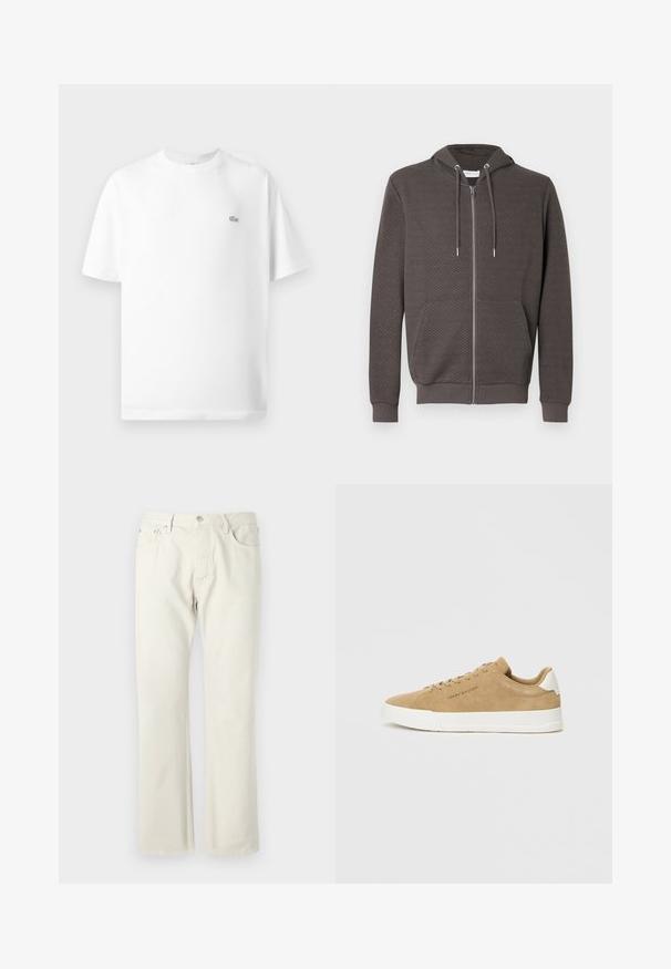 Mørkegrå hættejakke med lynlås, lavet af tekstureret stof, med en frontlomme og justerbare snore på hætten.; Hvid bomulds t-shirt med rund hals og korte ærmer. Har et lille sort Lacoste-logo på venstre side af brystet.; Lys beige straight-leg jeans lavet af bomuldsdenim. Har lommer, en klassisk knaplukning og en subtil tekstur uden mønstre.; Beige ruskinds sneakers med en hvid gummisål, rund tå, flade snørebånd og et diskret logo på siden. Glat tekstur og minimalistisk design.