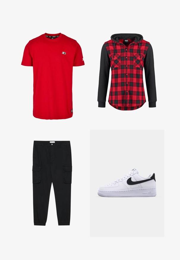 Rot-schwarz karierte Flanellshirt mit Kapuze, zwei Brusttaschen und langen schwarzen Ärmeln. Mit Druckknopfverschluss vorne.; Rotes Baumwoll-T-Shirt mit Rundhalsausschnitt, kurzen Ärmeln und einem kleinen schwarzen Logo auf der linken Brust und dem Ärmel. Glatte, einfarbige Stoffqualität.; Schwarze Cargo-Hose mit geradem Bein, elastischen Bündchen und mehreren Seitentaschen. Hergestellt aus strukturiertem Stoff mit einem Knopfverschluss.; Weißes Leder-Sneaker mit einem strukturierten schwarzen Swoosh, flachen Schnürsenkeln und einer Gummisohle mit genoppetem Muster. "AIR" ist auf der Ferse eingeprägt.