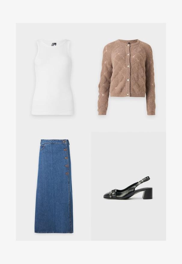 Brun strikket cardigan med et diamantmønster, rund hals og knaplukning. Har en blød tekstur og ribbede manchetter.; Hvid ribbet tanktop med rund halsudskæring og ærmeløst design, lavet af en blød bomuldsblanding med en tætsiddende silhuet.; Lang blå denimnederdel med fem brune knapper langs højre side og en lille for-lomme på venstre side.; Sorte læder slingback hæl med spids tå, tekstureret rem med cirkulære metalliske accenter, og en stablet blokhæl.