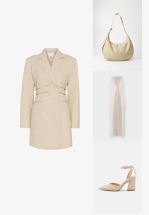 Geribbelde, lange witte jurk met een diepe V-hals en een striksluiting aan de voorkant, met zijopeningen voor een vloeiende silhouet.; Beige blazer van een gestructureerde linnenstof, met een enkele knoop sluiting, notch revers en twee voorkruiszakken. Strakke pasvorm met een getailleerde taille.; Beige hoge hak schoen met een puntige neus, enkelriempje en een brede blokhak. Glad synthetisch materiaal met een matte afwerking.; Beige leren schoudertas met een gebogen vorm, verstelbare schouderband en reliëf logo detail, met een gladde textuur en een minimalistisch ontwerp.