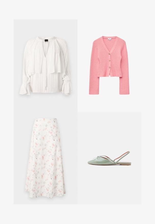 Cardigan en maille côtelée rose avec col en V, trois boutons devant, manches longues et coupe légèrement courte.; Blouse blanche avec un design plissé, en V, et un devant superposé. Présente des manches longues bouffantes avec des poignets froncés et un détail de lien à pompon.; Jupe midi fleuri en tissu blanc, avec un motif aquarelle de fleurs roses et grises, design évasé et texture lisse.; Chaussure plate brillante vert pâle à bout pointu avec bride arrière et petit nœud décoratif sur le dessus, vue de profil sur fond blanc.