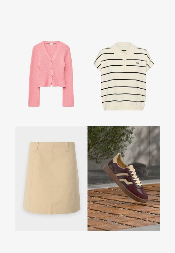 Lyserød ribstrikket cardigan med V-hals, tre knapper foran, lange ærmer og en let cropped pasform.; Cremefarvet polo t-shirt med korte ærmer med sorte vandrette striber, fire knapper, spidst krave og lille broderet "DG" logo på brystet.; Beige bomuldsnederdel med en lige form, der har frontfald, sidelommer og syede detaljer langs sømmene.; Vinrød og beige lædersneaker med cremefarvede snørebånd og en gummisål, der svæver over et flisebelagt trægulv med småsten udendørs.