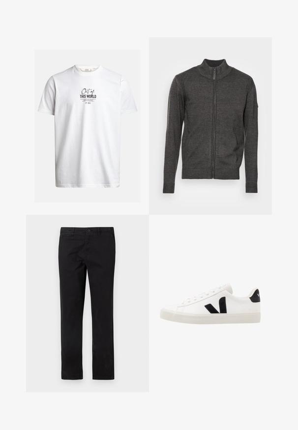 Cardigan zippé en gris foncé, texture côtelée, col haut, manches longues et poches latérales. Il dispose d'une fermeture éclair sur le devant.; T-shirt blanc à manches courtes avec texte noir « Out of THIS WORLD » et un texte descriptif plus petit au centre devant, col rond.; Chinos en coton noir avec une coupe droite, dotés d'une fermeture à boutons et de poches avant, texture lisse et détails de couture minimalistes.; Sneaker blanche en cuir avec des accents en daim noir ; dispose d'une semelle en caoutchouc, d'un bout rond et d'un design classique à lacets. Logo latéral en noir.