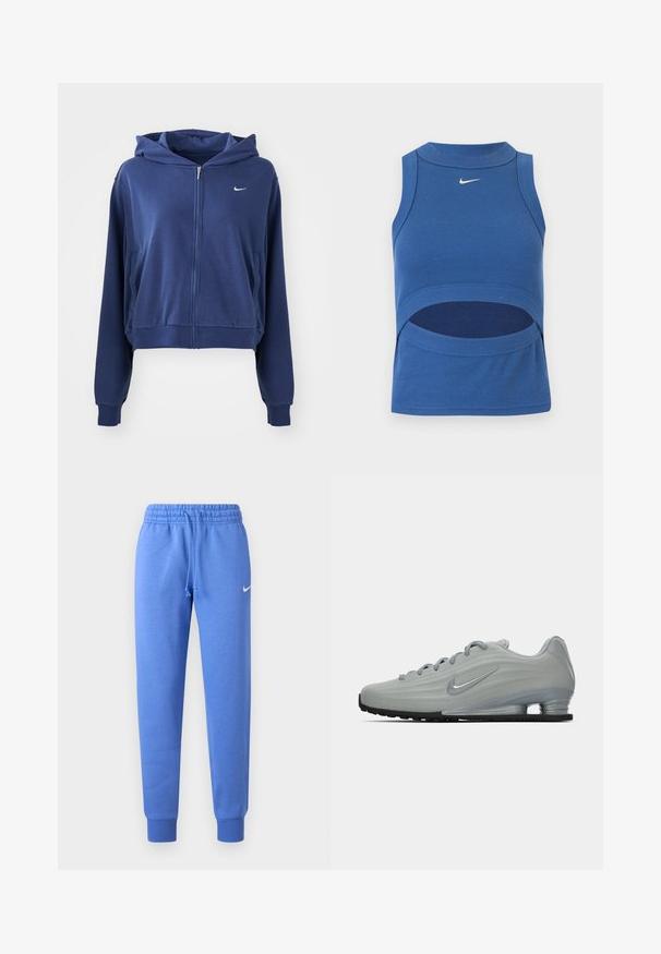 Mørkeblå zip-up hættetrøje lavet af blødt stof, med hætte, sidelommer og et lille hvidt logo på venstre bryst. Croppet design.; Blå ærmeløs Nike crop top med høj hals og udskæring ved maven, ribbet stof og hvid Swoosh-logo foran midt på.; Blå joggingbukser lavet af blødt stof, med elastisk talje med snøre, ribstrikkede manchetter og en lille hvid logo på siden.; Sidelæns udsigt af en lysegrå Nike sneaker med snørebånd, et swoosh-logo og en gennemsigtig sål med komfortabel dæmpning på en ensfarvet baggrund.