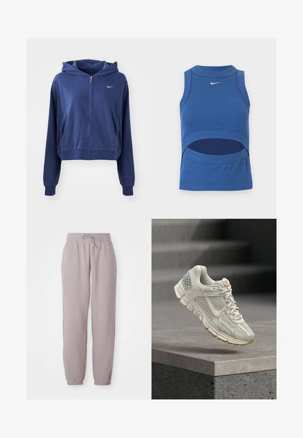 Námornícka modrá mikina na zips vyrobená z mäkkého materiálu, s kapucňou, bočnými vreckami a malým bielym logom na ľavej strane hrude. Skrátený strih.; Modrý bezrukávový crop top Nike s vysokým golierom a výrezom na bruchu, rebrovaná látka a biely logo Swoosh vpredu v strede.; Svetlomauve flísové tepláky s elastickým pásom, šnúrkou, bočnými vreckami a elastickými manžetami, zobrazené položené na bielom pozadí.; Svetlo béžová bežecká topánka s sieťovaným zvrškom, mäkkým podšívkou, gumovou podrážkou a hnedými akcentmi. Má výrazné bočné logo v tvare šípky a textúrované panely.