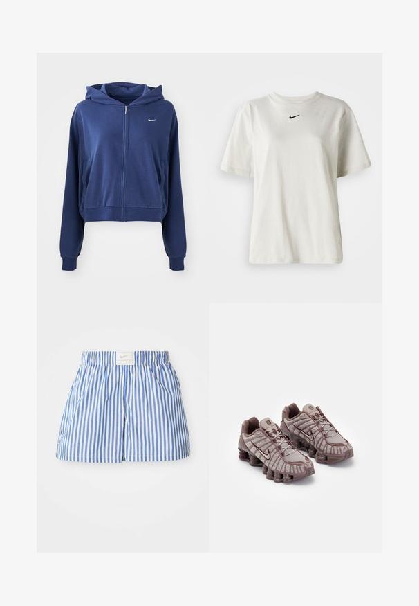 Sudadera con cremallera de color azul marino, fabricada en tejido suave, con capucha, bolsillos laterales y un pequeño logotipo blanco en el lado izquierdo del pecho. Diseño corto.; Camiseta de algodón blanca con cuello redondo y mangas cortas. Presenta un pequeño logotipo negro de Nike en el pecho. Diseño sencillo y sin adornos.; Pantalones cortos a rayas azul y blanco con cintura elástica y una etiqueta con el logo de Nike. Hechos de una tela ligera con una textura suave.; Nike Sportswear SHOX TL - Zapatillas - pumice/night maroon/plum eclipse