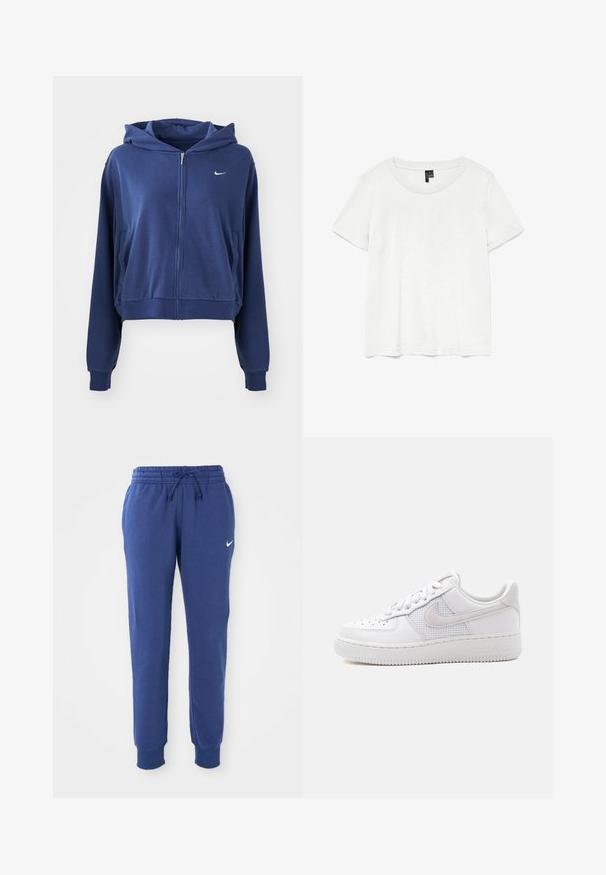 Mørkeblå zip-up hættetrøje lavet af blødt stof, med hætte, sidelommer og et lille hvidt logo på venstre bryst. Croppet design.; Hvid kortærmet t-shirt med rund halsudskæring, lavet af letvægtsstof. Enkel design, glat tekstur og lige kant.; Blå Nike sweatpants med elastisk talje, snøre, afsluttende ankler og hvid Nike swoosh-logo på venstre lår.; Hvid Nike Air Force 1 sneaker med lavt snit, hvide snørebånd, perforeringer på tåboksen og netpanel bag Nike swoosh-logoet.