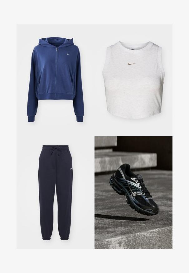 Sudadera con cremallera de color azul marino, fabricada en tejido suave, con capucha, bolsillos laterales y un pequeño logotipo blanco en el lado izquierdo del pecho. Diseño corto.; Top corto blanco hecho de una tela suave y texturizada. Presenta un cuello redondo y un diseño sin mangas, con un pequeño logotipo dorado de Nike en la parte delantera.; Pantalones de chándal Nike en azul marino, hechos de un material suave. Cuenta con una cintura elástica con cordón y tobillos ajustados. Pequeño acento con el logo blanco.; Zapatilla de running Nike negra y plateada flotando sobre escalones de hormigón, mostrando diseño detallado y suela texturizada en un entorno exterior.