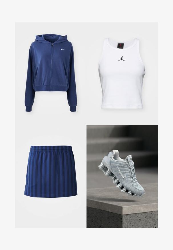 Námornícka modrá mikina na zips vyrobená z mäkkého materiálu, s kapucňou, bočnými vreckami a malým bielym logom na ľavej strane hrude. Skrátený strih.; Biely crop tank top vyrobený z bavlny s rebrovanou textúrou. Obsahuje čierne logo Jordan v strede a klasický okrúhly výstrih.; Námornícka modrá sukňa s vertikálnymi pruhmi, elastický pás, dĺžka po polovicu stehna, vyrobená z ľahkej tkaniny, hladká textúra.; Svetlosivá bežecká topánka Nike s odpruženou pružinovou podrážkou vznášajúca sa nad betónovým okrajom, rozmazané pozadie schodiska.