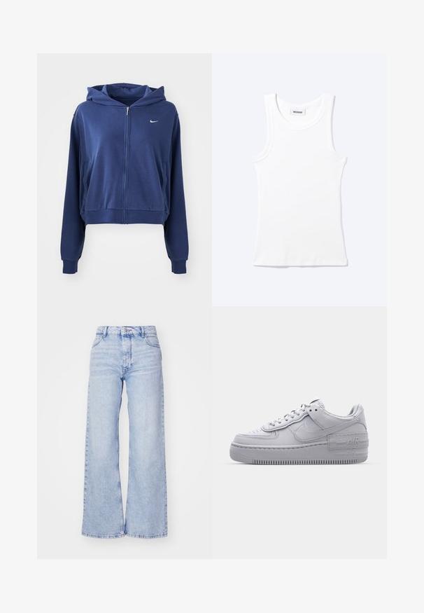 Marineblaues Zipp-Hoodie aus weichem Stoff, mit Kapuze, Seitentaschen und einem kleinen weißen Logo auf der linken Brust. Gekürztes Design.; Weißes ärmelloses geripptes Tanktop mit rundem Ausschnitt und einem kleinen Etikett mit der Aufschrift "WEEKDAY" innen im Kragen.; Roxy MILLA - Wide Leg - glacier; Graue Nike Air Force 1 Sneaker mit perforierter Zehenpartie, Obermaterial aus glattem Leder, dicker Sohle und geprägtem 'AIR'-Detail an der Ferse.