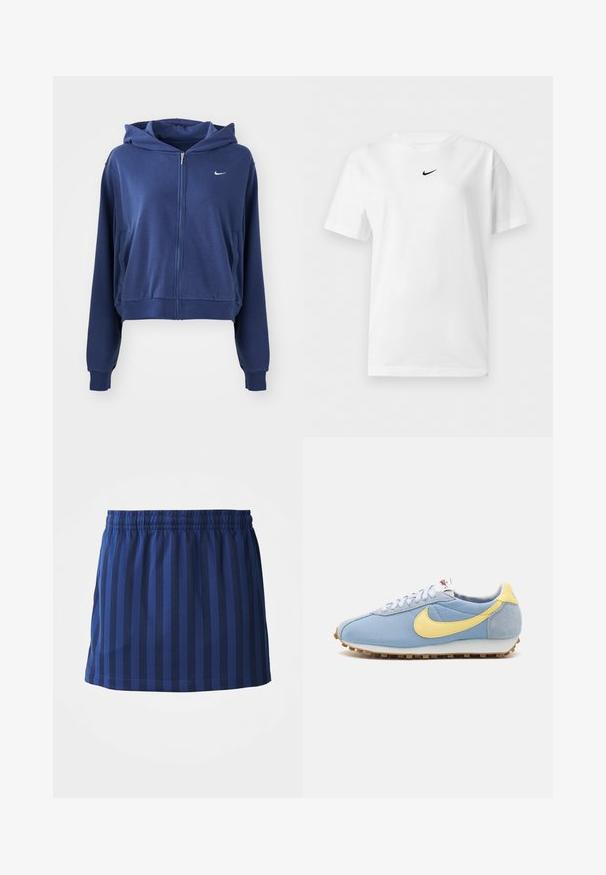 Sudadera con cremallera de color azul marino, fabricada en tejido suave, con capucha, bolsillos laterales y un pequeño logotipo blanco en el lado izquierdo del pecho. Diseño corto.; Camiseta blanca de manga corta con cuello redondo y un pequeño logo negro de Nike Swoosh centrado cerca del cuello.; Falda azul marino con rayas verticales, cinturilla elástica, de longitud hasta el muslo, hecha de tela ligera, textura suave.; Zapatilla de malla y gamuza azul con el emblema de Nike en amarillo, cordones blancos y suela marrón claro; diseño atlético clásico.