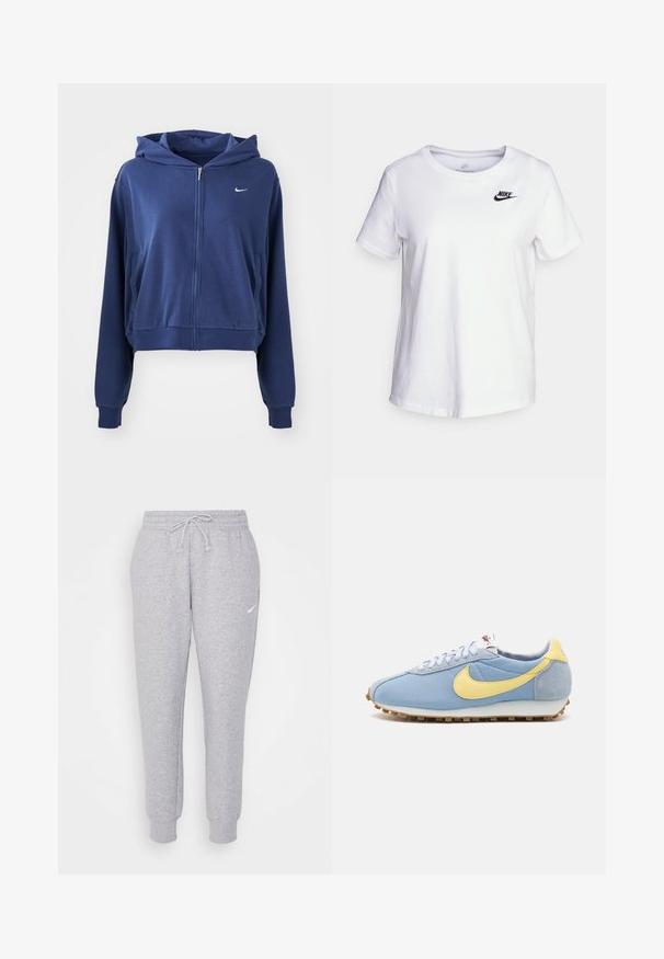 Mørkeblå zip-up hættetrøje lavet af blødt stof, med hætte, sidelommer og et lille hvidt logo på venstre bryst. Croppet design.; Hvid bomulds t-shirt med rund halsudskæring og korte ærmer. Har et sort Nike-logo i det øverste venstre brystområde.; Lys grå sweatpants med snor i taljen, tapered ben og et lille hvidt logo på venstre lår. Fremstillet af et blødt, tekstureret stof.; Blå mesh- og ruskinds-sneakers med gul Nike swoosh, hvide snørebånd og lysebrun sål; klassisk atletisk design.