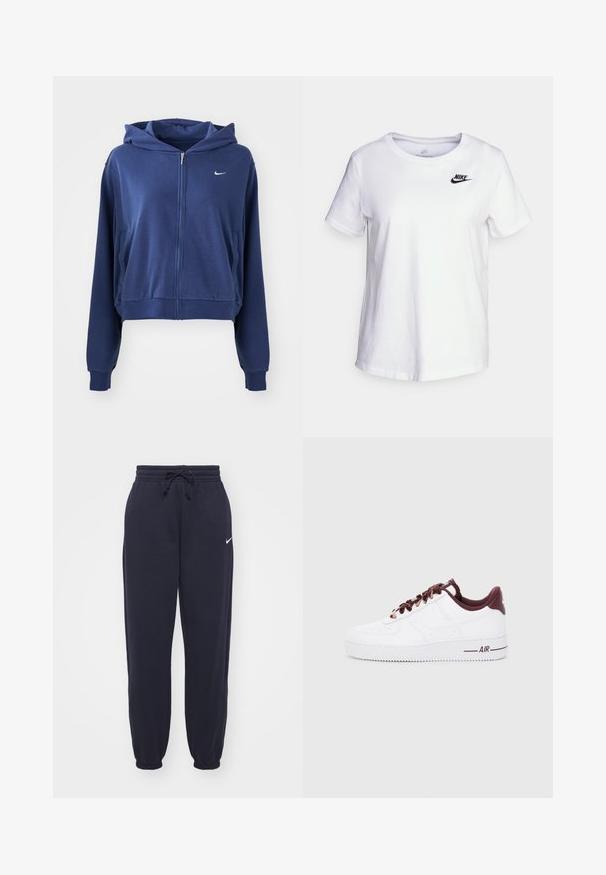 Tumesinine tõmblukuga kapuutsiga pusa, mis on valmistatud pehmest kangast. Hulka kuuluvad kapuuts, küljetaskud ja väike valge logo vasakul rinna piirkonnas. Lühendatud disain.; Valge puuvillane T-särk ümmarguse kaelusega ja lühikeste varrukatega. Ülemise vasaku rinnaosa peal on must Nike'i logo.; Nike sweatpants tumesin sinises, valmistatud pehmest materjalist. Omavad elastset vööd, millel on nöör ja kummist sääreotsad. Väike valge logo aktsent.; Valged nahast jooksujalanõud tumepunaste aktsentidega, ümmarguste nööride, pehme krae ja tekstureeritud kummitaldadega. Küljele trükitud "AIR".