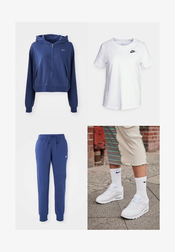 Sweat à zip couleur bleu marine en tissu doux, doté d'une capuche, de poches latérales et d'un petit logo blanc sur la poitrine gauche. Design court.; T-shirt en coton blanc avec un col rond et des manches courtes. Présente un logo Nike noir dans la partie supérieure gauche de la poitrine.; Pantalons de survêtement Nike bleus avec taille élastique, cordon de serrage, chevilles côtelées et logo swoosh Nike blanc sur la cuisse gauche.; Baskets Nike Air Max 90 blanches avec une tige en maille et cuir, dotées d'une unité d'air visible, accompagnées de chaussettes blanches côtelées avec un logo noir.