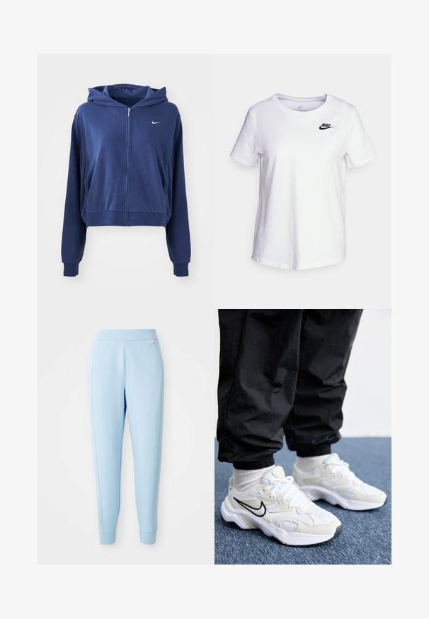 Sudadera con cremallera de color azul marino, fabricada en tejido suave, con capucha, bolsillos laterales y un pequeño logotipo blanco en el lado izquierdo del pecho. Diseño corto.; Camiseta de algodón blanca con cuello redondo y mangas cortas. Presenta un logotipo negro de Nike en la parte superior izquierda del pecho.; Pantalones de chándal azul claro hechos de material suave, que presentan una textura lisa, piernas ajustadas y un sutil acento de logo en el costado.; Zapatillas deportivas blancas y de un gris claro con un upper texturizado, suela gruesa y logo Swoosh negro. Combinadas con pantalones jogger negros y calcetines blancos.