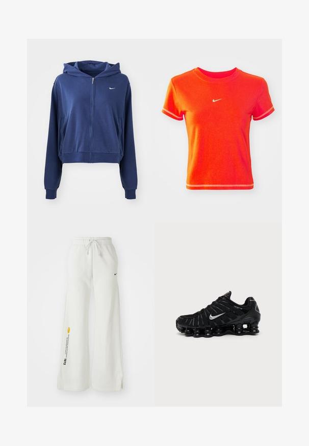 Mørkeblå zip-up hættetrøje lavet af blødt stof, med hætte, sidelommer og et lille hvidt logo på venstre bryst. Croppet design.; Rød cropped T-shirt lavet af bomuld, med en ribbet crew neck og korte ærmer. Viser et lille hvidt Nike-logo på fronten.; Hvide, brede sweatsbukser med elastisk talje, snøre, sidespalter, sort Nike-logo og kontrasterende gul grafisk tekst.; Sort Nike sportssko med sølv Swoosh-logo, mesh og syntetisk overdel, og en karakteristisk segmenteret polstret sål.