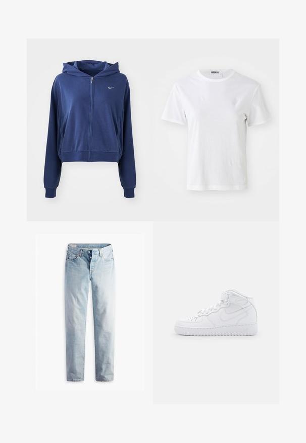 Sudadera con cremallera de color azul marino, fabricada en tejido suave, con capucha, bolsillos laterales y un pequeño logotipo blanco en el lado izquierdo del pecho. Diseño corto.; Camiseta blanca de manga corta hecha de una tela suave. Cuenta con un escote redondo y un corte recto, con una etiqueta en el cuello interior.; Jeans de mezclilla azul claro con diseño de pierna recta, cinco bolsillos y cierres de botones metálicos en una pretina estándar.; Zapatillas altas blancas de cuero con cuello acolchado, puntera perforada, cordones y correa ajustable en el tobillo; logo en el lado.