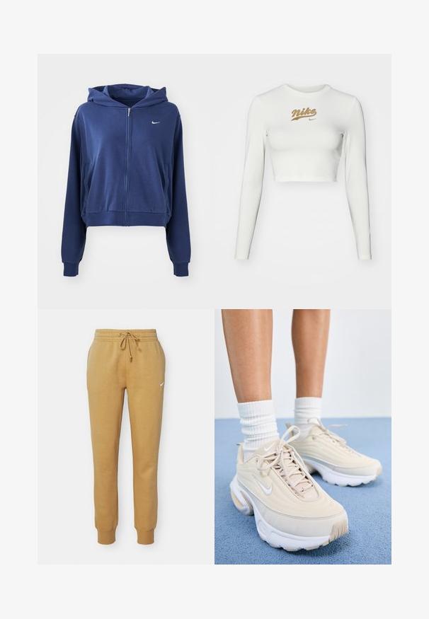 Mørkeblå zip-up hættetrøje lavet af blødt stof, med hætte, sidelommer og et lille hvidt logo på venstre bryst. Croppet design.; Hvid langærmet crop top lavet af glat stof, med et guld Nike-logo tryk på brystet og en klassisk rund halsudskæring.; Nike sweatpants i en gyldenbrun farve, lavet af blødt stof, med snoretræk i taljen og ribbede manchetter. Inkluderer et lille hvidt logo.; Beige sportsko med en struktureret overdel, hvide snørebånd og en tyk hvid sål. Designet har subtile kurver og et lille logo.