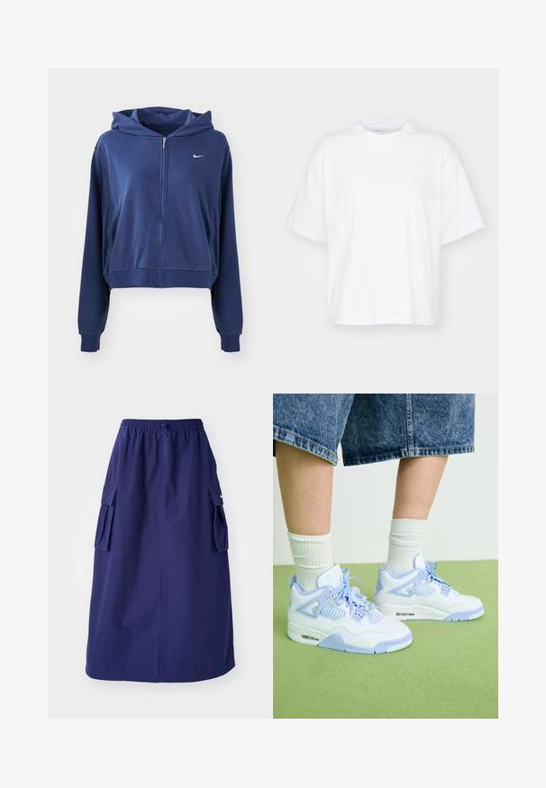 Mørkeblå zip-up hættetrøje lavet af blødt stof, med hætte, sidelommer og et lille hvidt logo på venstre bryst. Croppet design.; Hvid bomulds t-shirt med rund hals, korte ærmer og en afslappet pasform. Har et diskret logo på venstre brystområde. Glat tekstur.; Marineblå, mellemlang nederdel med elastisk talje, der har to sidelommer og et minimalistisk logodesign. Glat stofstruktur.; Hvide og lyseblå sneakers med mesh-detaljer, rund tå, snørebånd og en luftdæmpningsenhed, parret med hvide ribbede sokker og denimshorts.