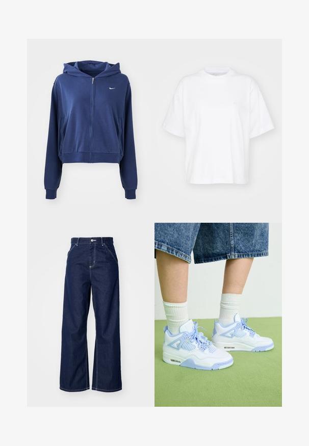 Mørkeblå zip-up hættetrøje lavet af blødt stof, med hætte, sidelommer og et lille hvidt logo på venstre bryst. Croppet design.; Hvid bomulds t-shirt med rund hals, korte ærmer og en afslappet pasform. Har et diskret logo på venstre brystområde. Glat tekstur.; Bredde ben jeans i mørkeblå denim, med høj talje, kontrasterende hvid syning og traditionelt fem-lomme design.; Hvide og lyseblå sneakers med mesh-detaljer, rund tå, snørebånd og en luftdæmpningsenhed, parret med hvide ribbede sokker og denimshorts.