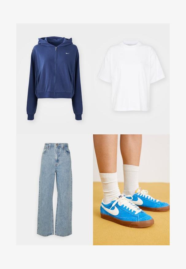Mørkeblå zip-up hættetrøje lavet af blødt stof, med hætte, sidelommer og et lille hvidt logo på venstre bryst. Croppet design.; Hvid bomulds t-shirt med rund hals, korte ærmer og en afslappet pasform. Har et diskret logo på venstre brystområde. Glat tekstur.; Lyseblå vidde denimjeans med høj talje, frontknap, lynlås og femlomme-design på ensfarvet baggrund.; Blå ruskind Nike sneakers med hvide detaljer, flade snørebånd og brune gummisåler, parret med ribbede hvide sokker.