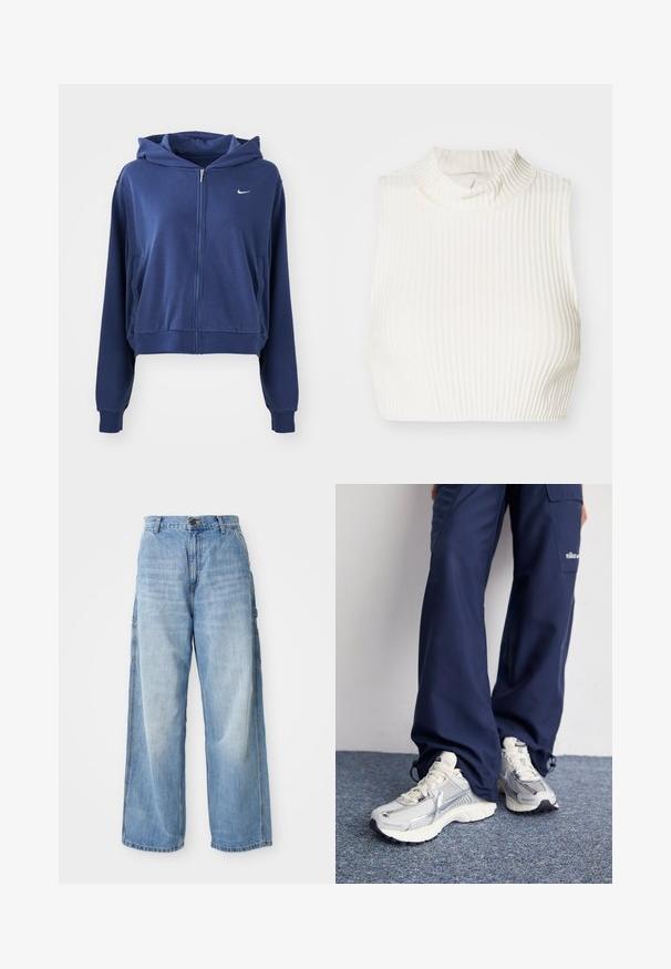 Sweat à zip couleur bleu marine en tissu doux, doté d'une capuche, de poches latérales et d'un petit logo blanc sur la poitrine gauche. Design court.; Crop top sans manches en ribbed blanc avec un col haut et un subtil détail de boutons au niveau du col, fabriqué à partir d'un tissu lisse et extensible.; Jean large bleu clair à taille haute, avec poches latérales et texture délavée, fabriqué en denim.; Baskets de sport Nike avec une tige en maille argentée, des accents blancs et des semelles texturées, associées à un pantalon marine ample.
