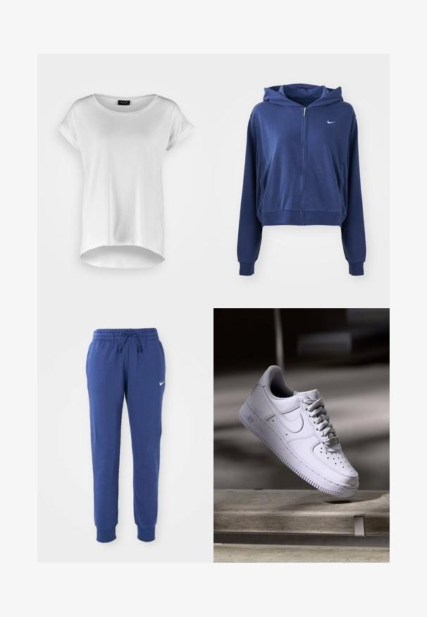 Marineblauwe ritssluiting hoodie gemaakt van zachte stof, met een capuchon, zijzakken en een klein wit logo op de linkerkant van de borst. Verkorte stijl.; Witte T-shirt met korte mouwen en ronde halslijn, iets langere achterkant, zachte katoen stof en opgerolde mouwen. Geen zichtbare prints.; Blauwe Nike trainingsbroek met elastische tailleband, trekkoord, gekruiste enkels en wit Nike swoosh-logo op de linkerdij.; Witte Nike Air Force 1 sneaker die zweeft boven een betonnen oppervlak met schaduwen in een minimalistische setting.