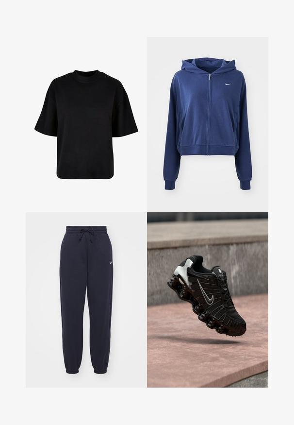 Marineblaues Zipp-Hoodie aus weichem Stoff, mit Kapuze, Seitentaschen und einem kleinen weißen Logo auf der linken Brust. Gekürztes Design.; Schwarzes Baumwoll-T-Shirt mit hohem Kragen, kurzen Ärmeln und einem lockeren, kastigen Schnitt ohne sichtbare Muster oder Akzente.; Nike Jogginghosen in Marineblau, aus weichem Material hergestellt. Mit einem elastischen Bund und einem Kordelzug sowie Bündchen an den Knöcheln. Kleines weißes Logo als Akzent.; Schwarzer Sneakerschuh mit strukturiertem Mesh-Obermaterial, silbernen Akzenten und einer dicken, glänzenden schwarzen Sohle mit abgerundeten Dämpfungselementen.