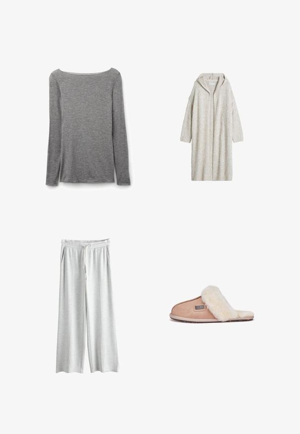 Lange beige gebreide cardigan met kap en lange mouwen en open voorkant, afgebeeld op een witte achtergrond.; Grijze nauwsluitende top met lange mouwen en een brede boothals, gemaakt van zachte, lichte gebreide stof.; Lichtgrijze oversized sweatpants gemaakt van zacht stof, met een elastische tailleband met een trekkoord en twee zijzakken.; Tan suède slipper met een zachte witte bontvoering, open teenontwerp, platte zool en een klein merklabel aan de zijkant.