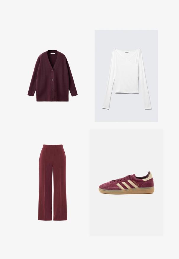 Cárdigan de punto morado oscuro con botones, escote en V, mangas largas, puños y dobladillo acanalados, mostrado sobre un fondo blanco.; Top blanco de manga larga con diseño cruzado y un bolsillo. Fabricado en una tela suave y elástica. Con un corte casual y relajado.; Pantalones de pierna ancha burdeos con un patrón de rayas, que presentan una textura suave y una cinturilla elástica para mayor comodidad.; Zapatilla deportiva de perfil bajo en ante granate con rayas Adidas beige, suela de goma y letras doradas "Spezial" en el lateral, mostrada sobre fondo blanco.