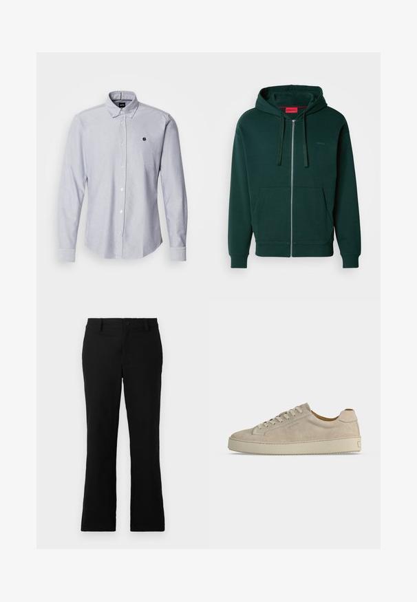Grüne Zip-Hoodie mit Kängurutasche, verstellbarem Kapuzenzug und gerippten Bündchen. Mit kleinem Logo im linken Brustbereich. Weiche Stofftextur.; Himmelblaues Button-Up-Hemd mit langen Ärmeln, aus einem strukturierten Stoff gefertigt. Verfügt über ein kleines Logo auf der linken Brust und Standardmanschetten.; Schwarze, weit geschnittene Hosen aus einem Baumwollgemisch, mit einem Knopfverschluss, Gürtelschlaufen und einer glatten Textur ohne sichtbare Muster.; Beiger Wildleder-Low-Top-Sneaker mit Schnürverschluss und dicker Gummisohle, von der Seite auf weißem Hintergrund gezeigt.