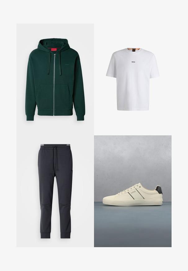 Grüne Zip-Hoodie mit Kängurutasche, verstellbarem Kapuzenzug und gerippten Bündchen. Mit kleinem Logo im linken Brustbereich. Weiche Stofftextur.; Weißes Baumwoll-T-Shirt mit kurzen Ärmeln, ausgestattet mit einem schwarzen "BOSS"-Logo, das mittig auf der Brust platziert ist, und einem runden Halsausschnitt.; Dunkelgraue Sweatpants mit Kordelzugbund, schmal zulaufenden Beinen und Seitentaschen. Glatte Textur und minimalistische Designdetails.; Cremfarbene Sneaker mit glatter Oberfläche, die schwarze Akzente und Markenlogo aufweisen. Klassisches Schnürdesign mit runder Zehenform und Gummisohle.