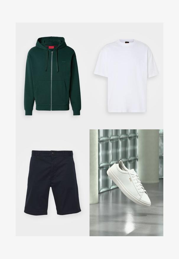 Haut à capuche zippé vert avec une poche kangourou, un cordon de serrage à la capuche et des poignets côtelés. Présente un petit logo sur la zone de la poitrine gauche. Texture de tissu douce.; T-shirt en coton blanc avec un col rond, des manches courtes et une coupe décontractée. Les coutures épaules texturées ajoutent un détail supplémentaire.; Shorts en coton bleu marine avec une fermeture à bouton, coupe droite et poches avant. Présente une texture lisse et un design simple.; Baskets basses en cuir blanc avec lacets, languette de talon noire et logo « BOSS », flottant à l'intérieur près d'un mur en blocs de verre et d'un sol poli.