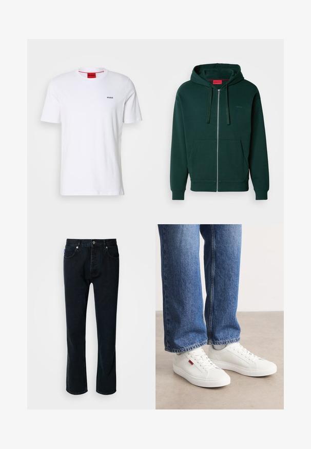 Sudadera verde con cremallera, bolsillo tipo canguro, capucha con cordón y puños acanalados. Presenta un pequeño logo en el área del pecho izquierdo. Textura de tela suave.; Camiseta de algodón blanca de mangas cortas, con un escote redondo y pequeño logo negro "HUGO" en el lado izquierdo del pecho. Presenta una etiqueta en el cuello interior de color rojo.; HUGO JONAH - Vaqueros rectos - dark blue; Zapatillas blancas con una superficie lisa, puntera redonda y suela plana. Acompañadas de jeans de mezclilla azul con un corte recto y costuras visibles.