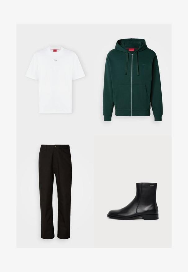 Grøn zip-up hættetrøje med en kængurulomme, snøre i hætten og ribbede manchetter. Har et lille logo på venstre brystområde. Blødt stoftekstur.; Hvid T-shirt med korte ærmer med lille sort "HUGO" logo centreret på brystet og et rødt mærke inde i kraven.; Sorte bomuldsbukser med lige pasform, bæltestropper, lynlås foran og en enkelt knappelukning. Glat tekstur uden synlige mønstre.; Sort læderankelstøvle med lav hæl, sidesyning og lille "HUGO" logo på den øverste manchet mod en ensfarvet baggrund.