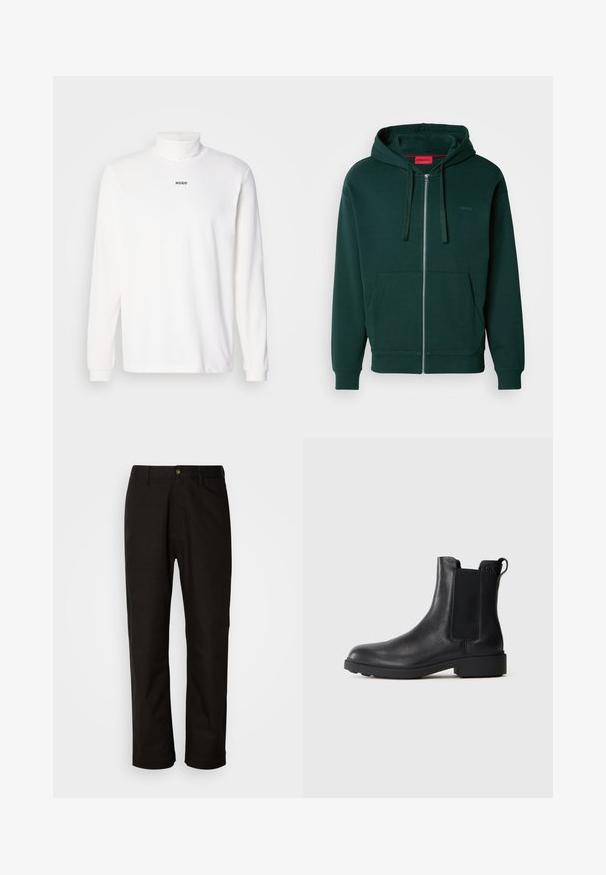 Grøn zip-up hættetrøje med en kængurulomme, snøre i hætten og ribbede manchetter. Har et lille logo på venstre brystområde. Blødt stoftekstur.; Hvid langærmet turtleneck trøje lavet af blødt stof, med et diskret sort "HUGO" logo på forsiden og tætsiddende manchetter.; Sorte bomuldsbukser med lige pasform, bæltestropper, lynlås foran og en enkelt knappelukning. Glat tekstur uden synlige mønstre.; Sort læder ankelstøvle med elastiske sidepaneler, træksnor ved hælen og lav bloksål mod en ensfarvet baggrund.