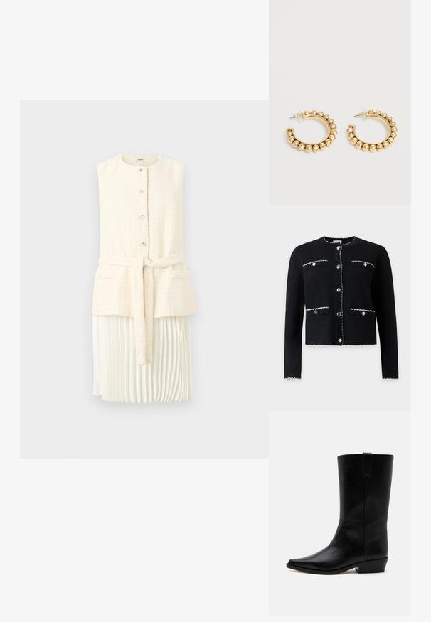 Cardigan noir à manches longues avec bordure blanche cousue, col rond, et quatre poches avant boutonnées, boutonné au centre.; Veste sans manches texturée crème avec boutons sur le devant, ceinture, deux poches, portée sur une jupe midi plissée blanche, présentée sur un fond blanc.; Botte de cowboy en cuir noir mi-mollet avec bout pointu, petit talon empilé et languette de tirage en haut sur un fond uni.; Paire de boucles d’oreilles créoles dorées avec des détails de perles arrondies le long du bord extérieur sur un fond clair.